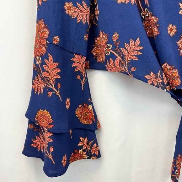 Self Love Womens Blouse Top Multicolor Floral Long Sleeve Ruffled Stretch Tie L - Picture 8 of 11